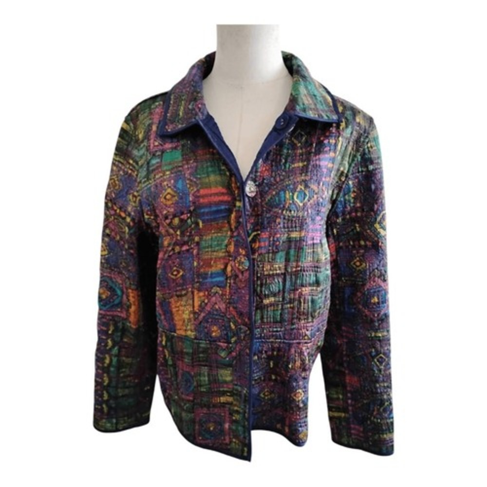 Chicos Navy/Abstract Print Reversible Quilted Jacket Size Medium - Picture 1 of 6